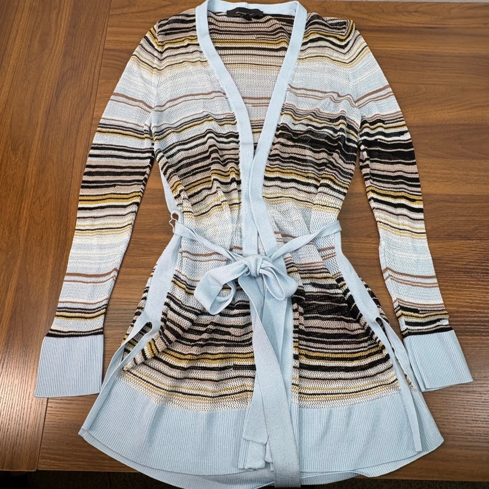 White House Black‎ Market Striped Pointelle Belted Cardigan Light Blue M Boho